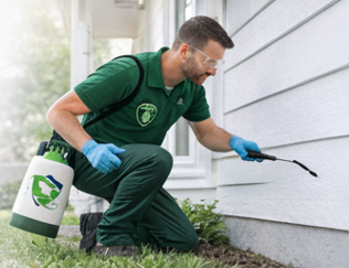 Pest control professional spraying house exterior